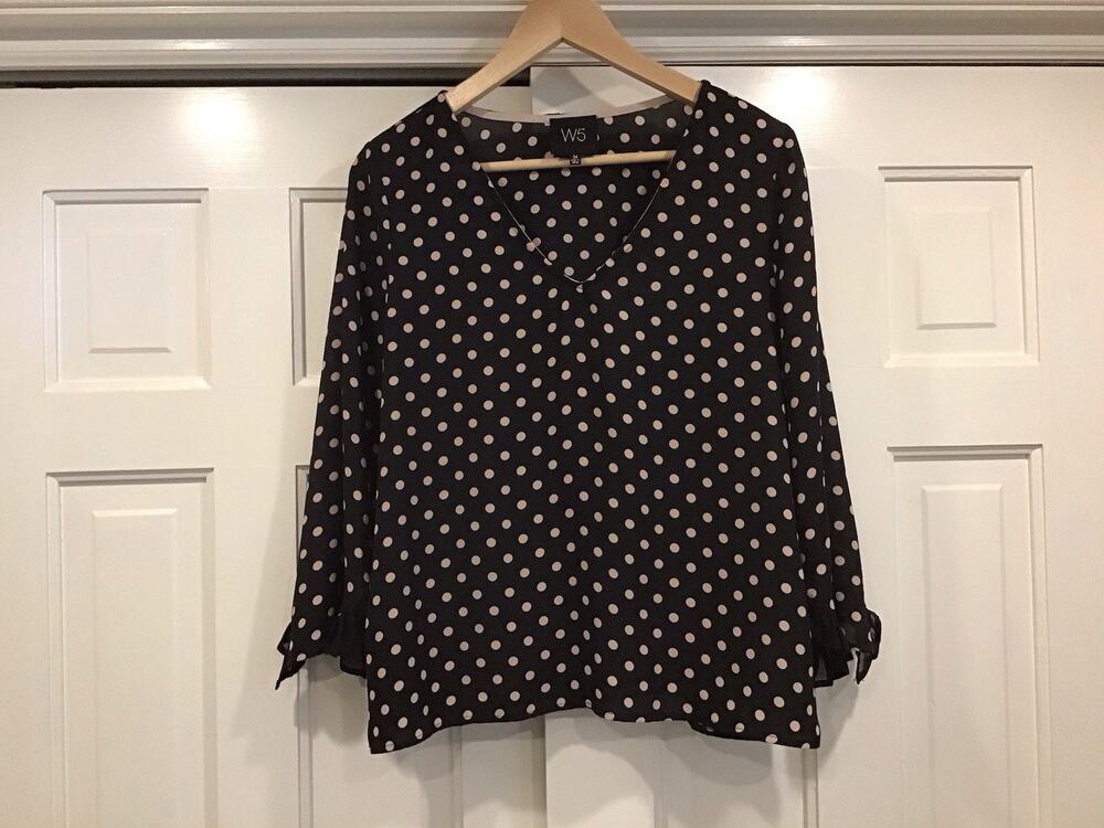 W5 Anthropologie Women's Top Sz M BlackPolka Dot 3/4 Sl Career Minimalist Casual